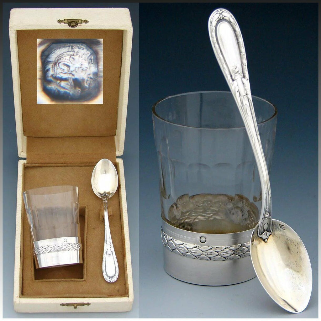 Antique French Sterling Silver & Cut Glass Aperitif Cup & Spoon Set, Orig Box