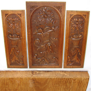 Fab Antique Country French Style Carved Oak Panels, 3pc, Bows, Ribbons & Baskets