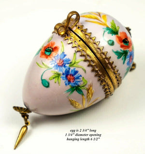 Antique French Chatelaine Style HP Porcelain “Egg” Casket, Etui, Gilt Chain