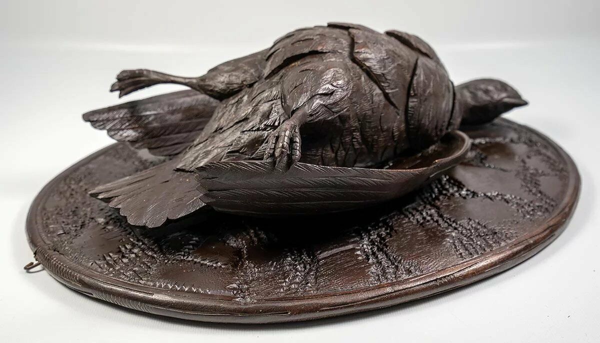 Antique 19th C. Hand Carved Black Forest Game Bird, Plaque, Fruits of the Hunt