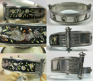 Antique Rome Micro Mosaic Bracelet, Doves and Flowers in Silver Hinged Bangle