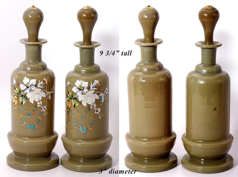 Antique PAIR (2) French Opaline Decanters, 9.5" Tall, Enameled Floral on Tan
