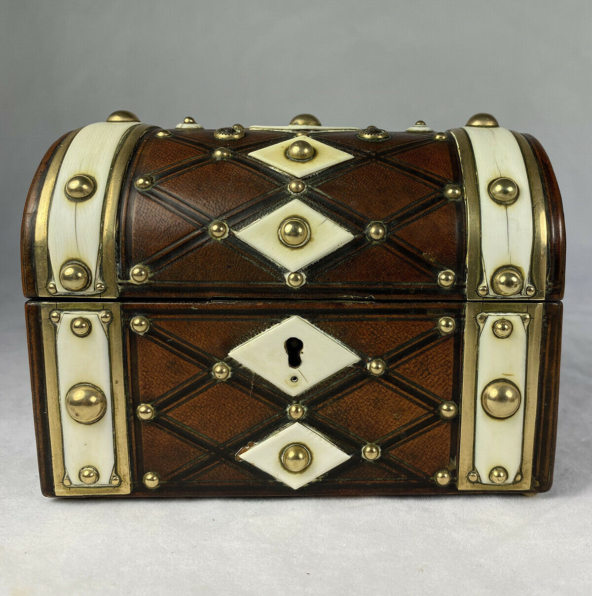 Antique French Stationery Box, Strapping and Brass Stud, Leather Trunk or Chest