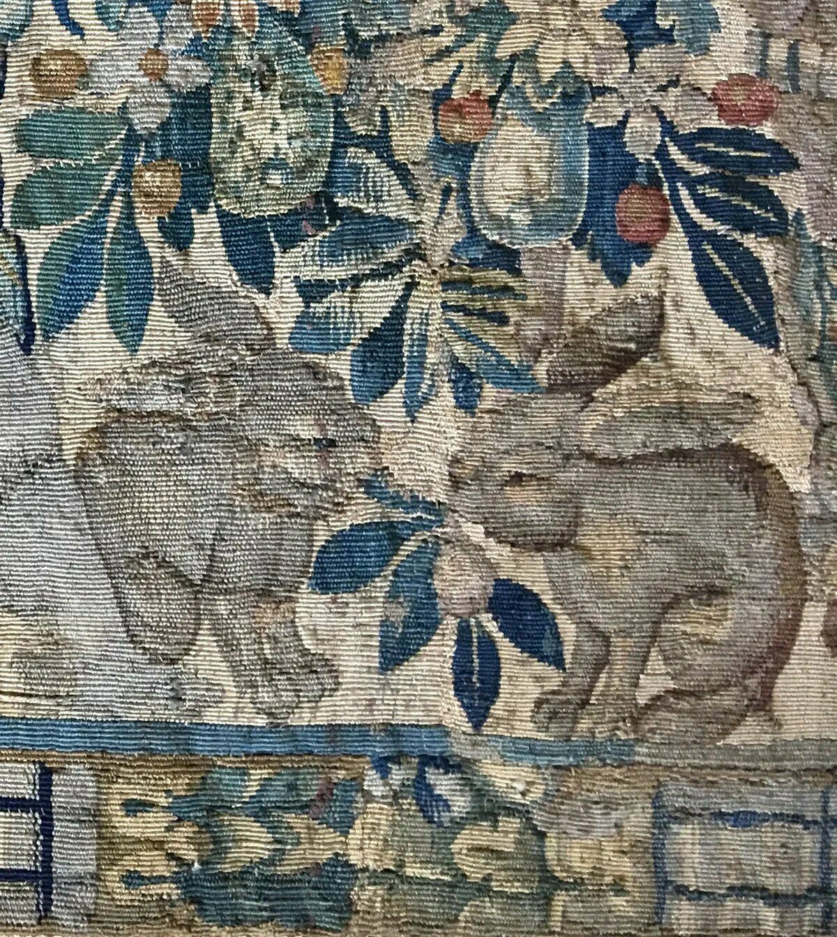 RARE c.1600s Woven Flemish Tapestry 70" Long, 19" Wide, Figures, Putti, Rabbits