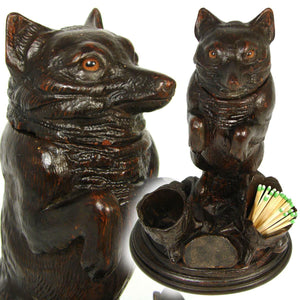 Rare Antique Victorian Era Black Forest Carved 9 1/4" Smoker's Stand, FOX Figure