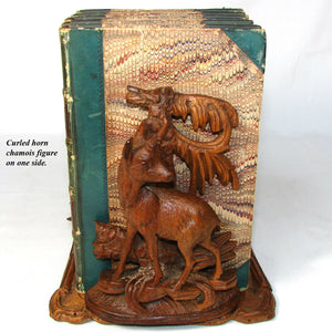 Antique Black Forest Carved Telescoping Book Rack, Chamois & Ibex Deer Figures