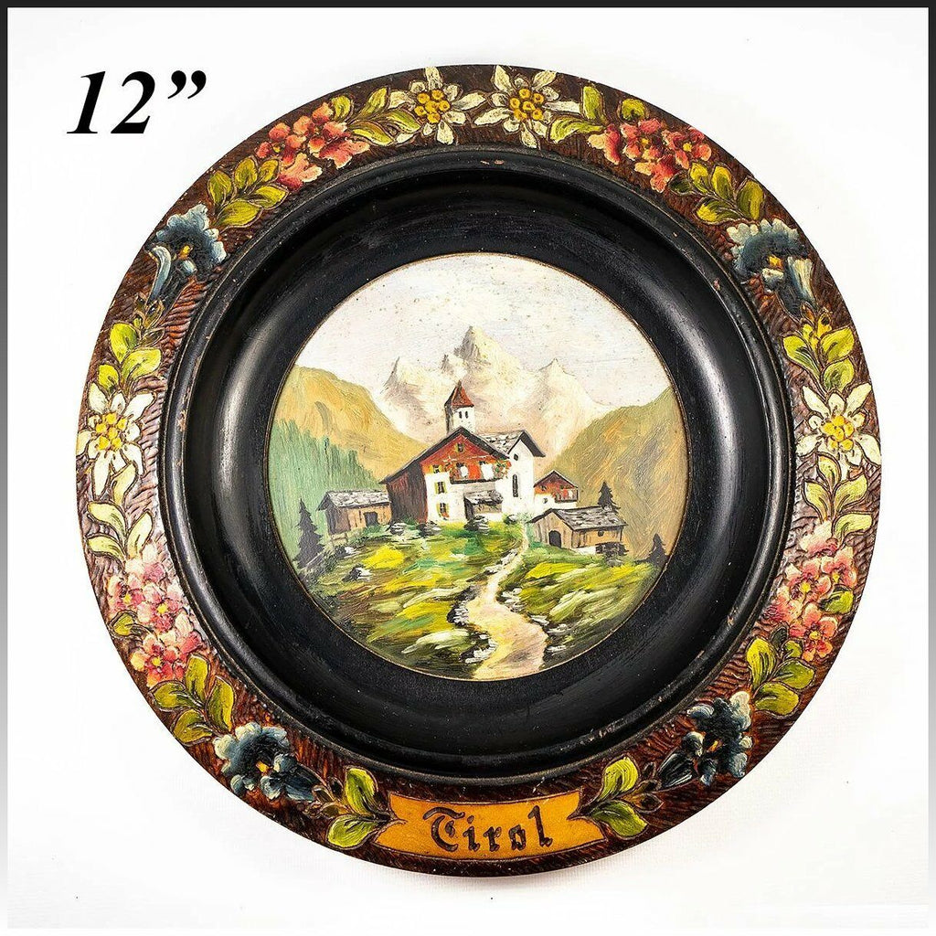 Vintage-Antique Painted "Tirol" Black Forest Carved Plaque, Bread Plate, Tray