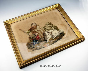 Antique Victorian Georgian Era Needlepoint Tapestry Gold Frame, Dog or Shepherd