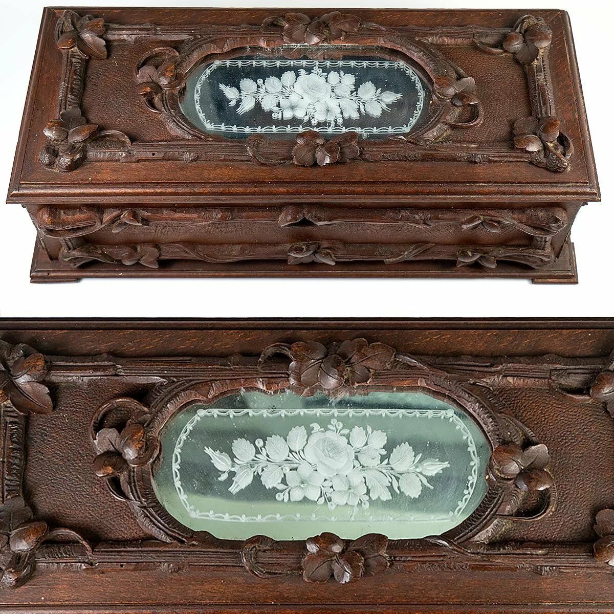 Antique Black Forest Hand Carved Wood Gloves Box, Engraved Mirror Top