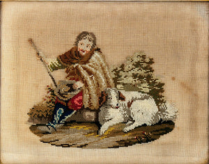 Antique Victorian Georgian Era Needlepoint Tapestry Gold Frame, Dog or Shepherd