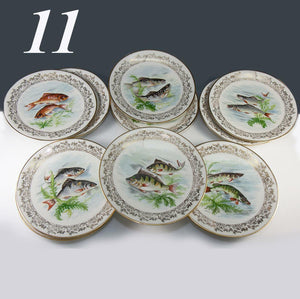 Antique - Vint. Haviland Limoges Set of 11 Transfer & Painted Fish Plates, 8.5"