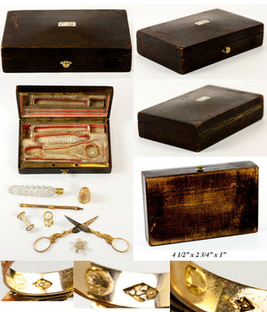 Antique French Palais Royal 18k Gold Sewing Set, Etui, Thimble, Scissors, Scent+