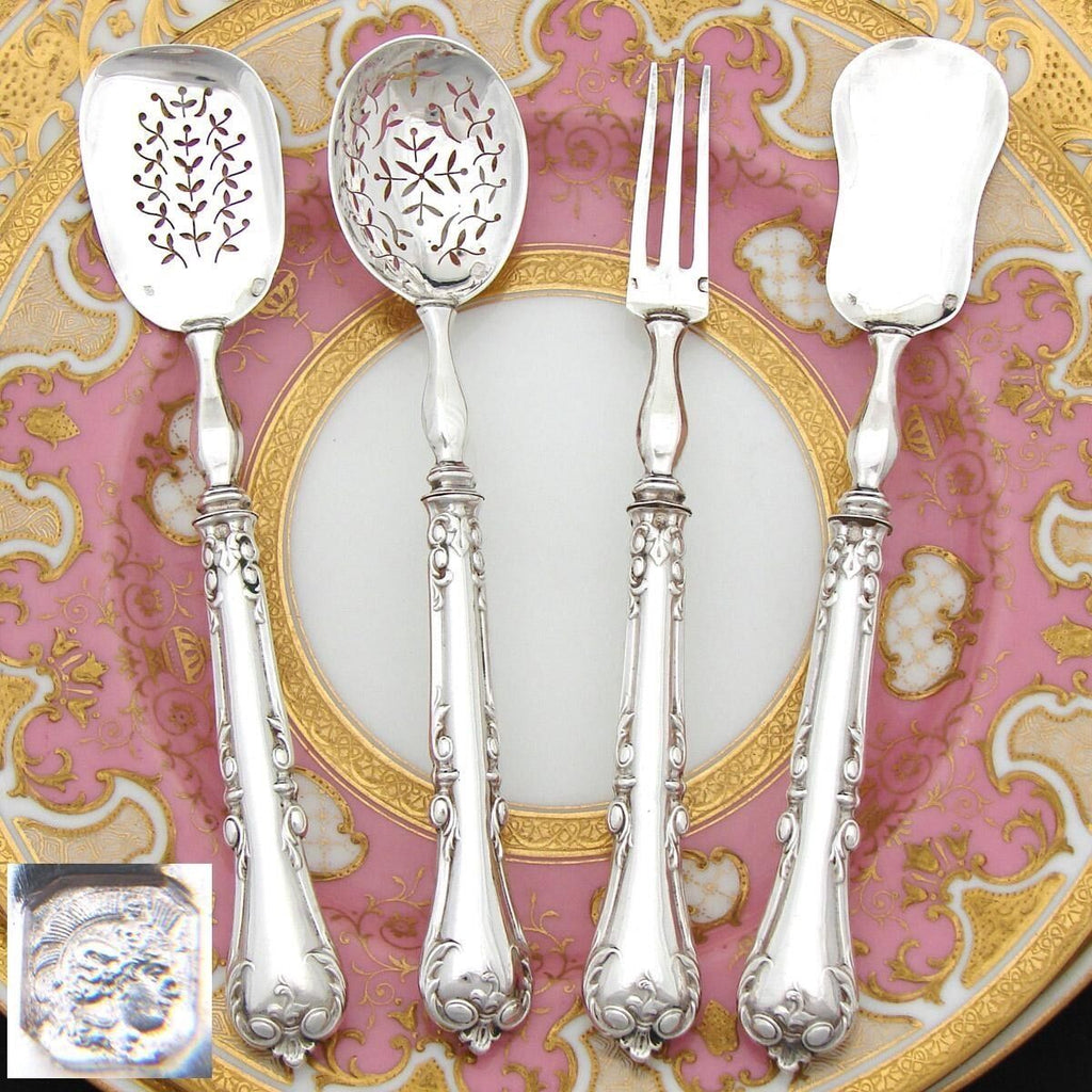 Elegant Antique French Sterling Silver 4pc Hors d'Oeuvre Implement Set, Acanthus