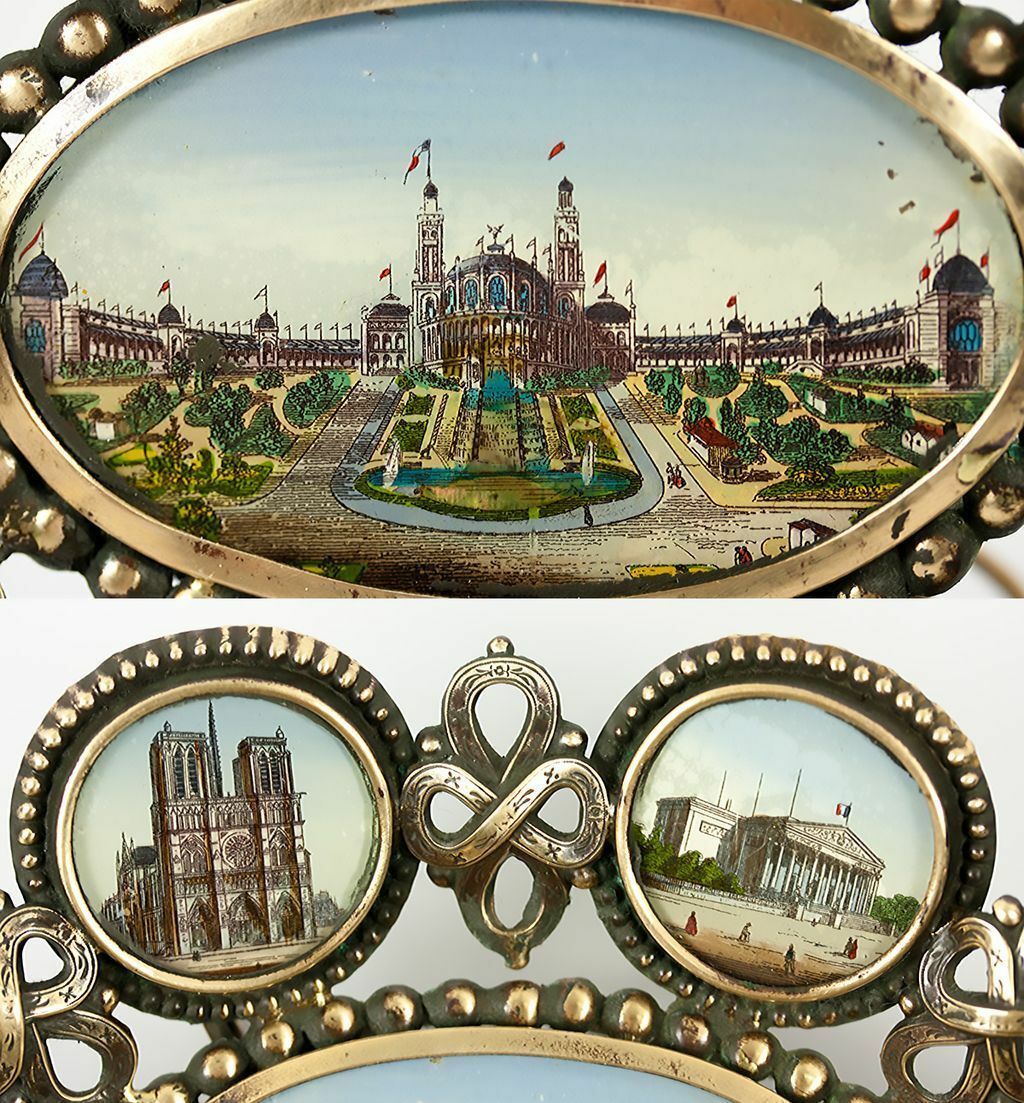 Antique French Paris Expo Grand Tour Souvenir Tray, 7 Eglomise Monument Views