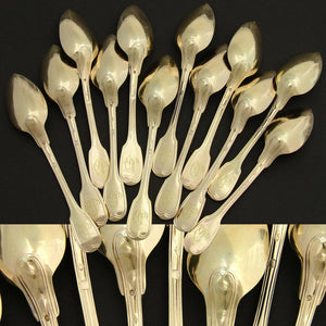 Antique French Vermeil 18k Gold on Sterling Silver 13pc Teaspoon, Sugar Tong Set