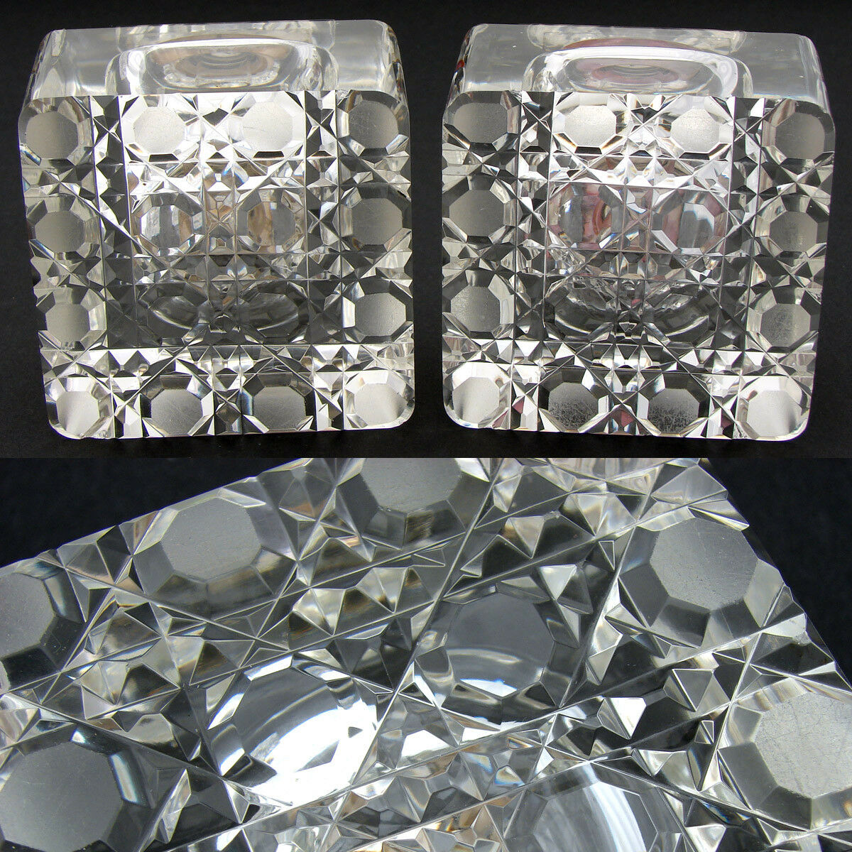 HUGE Antique Brilliant Cut Crystal & Sterling Silver Inkwell PAIR, Boar Heraldry