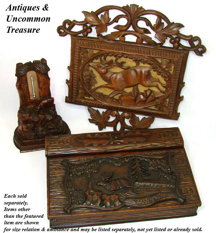 Antique Black Forest Carved Desk Thermometer Stand, Rare Pastoral Themed Cow