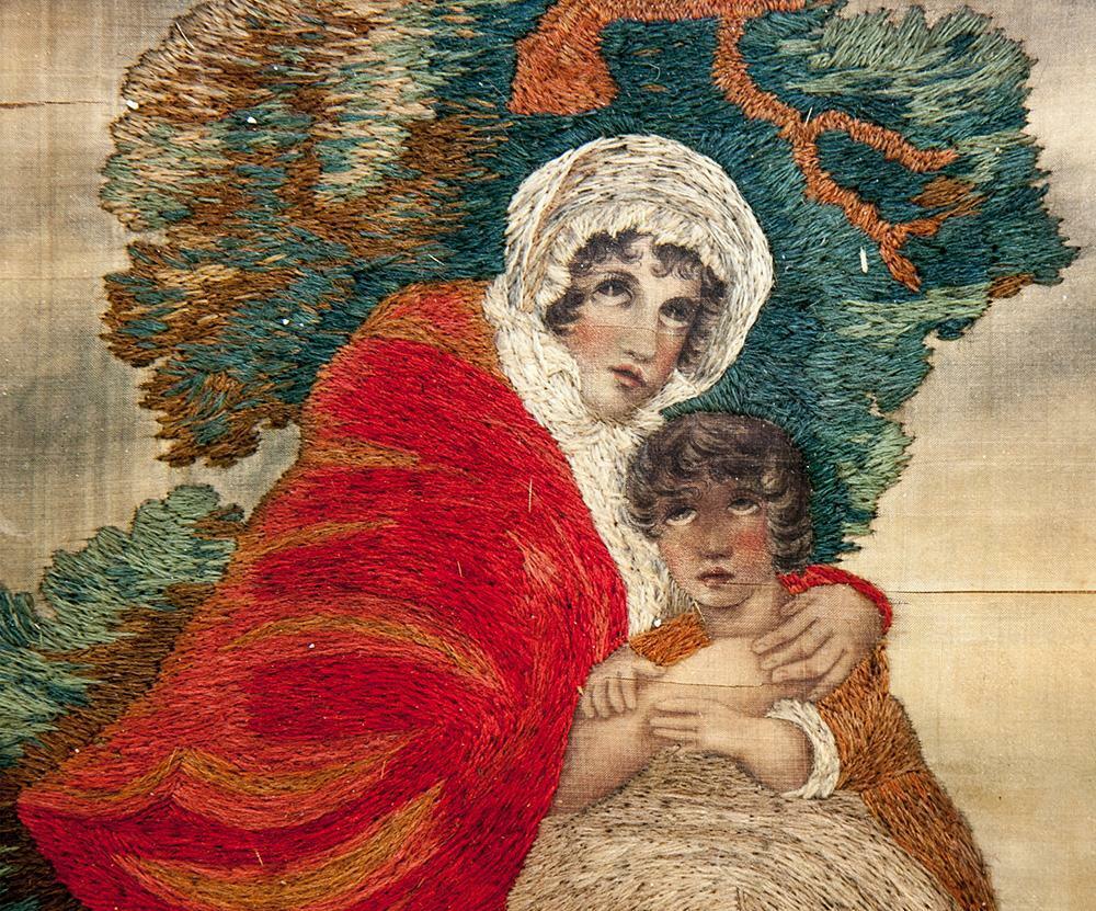 Antique Georgian Silk Work Embroidery Tapestry Sampler, in Ornate Frame: 2 Girls
