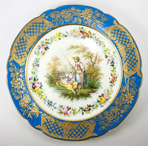 Antique French Pair 9.75" Cabinet Plates, Old Paris, Raised Gold & Hand Painted