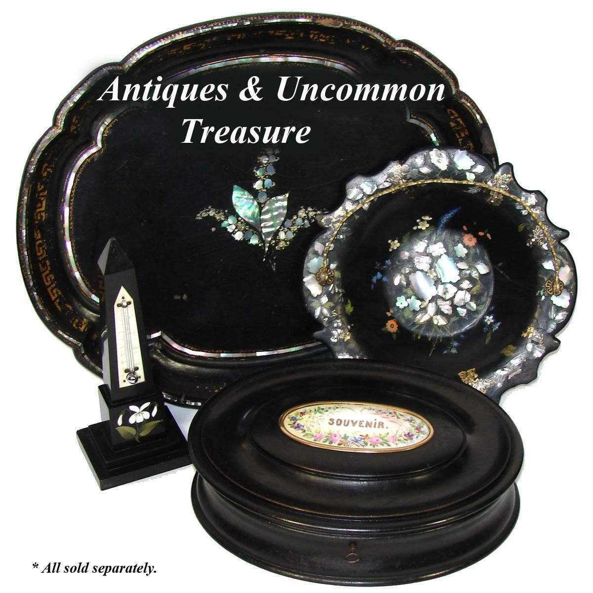 Antique Victorian Era 11" Oval Jewelry Casket, Ebonized, HP Porcelain "Souvenir"