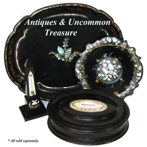 Antique Victorian Era 11" Oval Jewelry Casket, Ebonized, HP Porcelain "Souvenir"