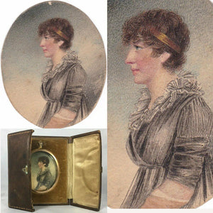 Antique Edwardian Portrait Miniature, Pastels, Pen and Ink Profile Lady in Frame