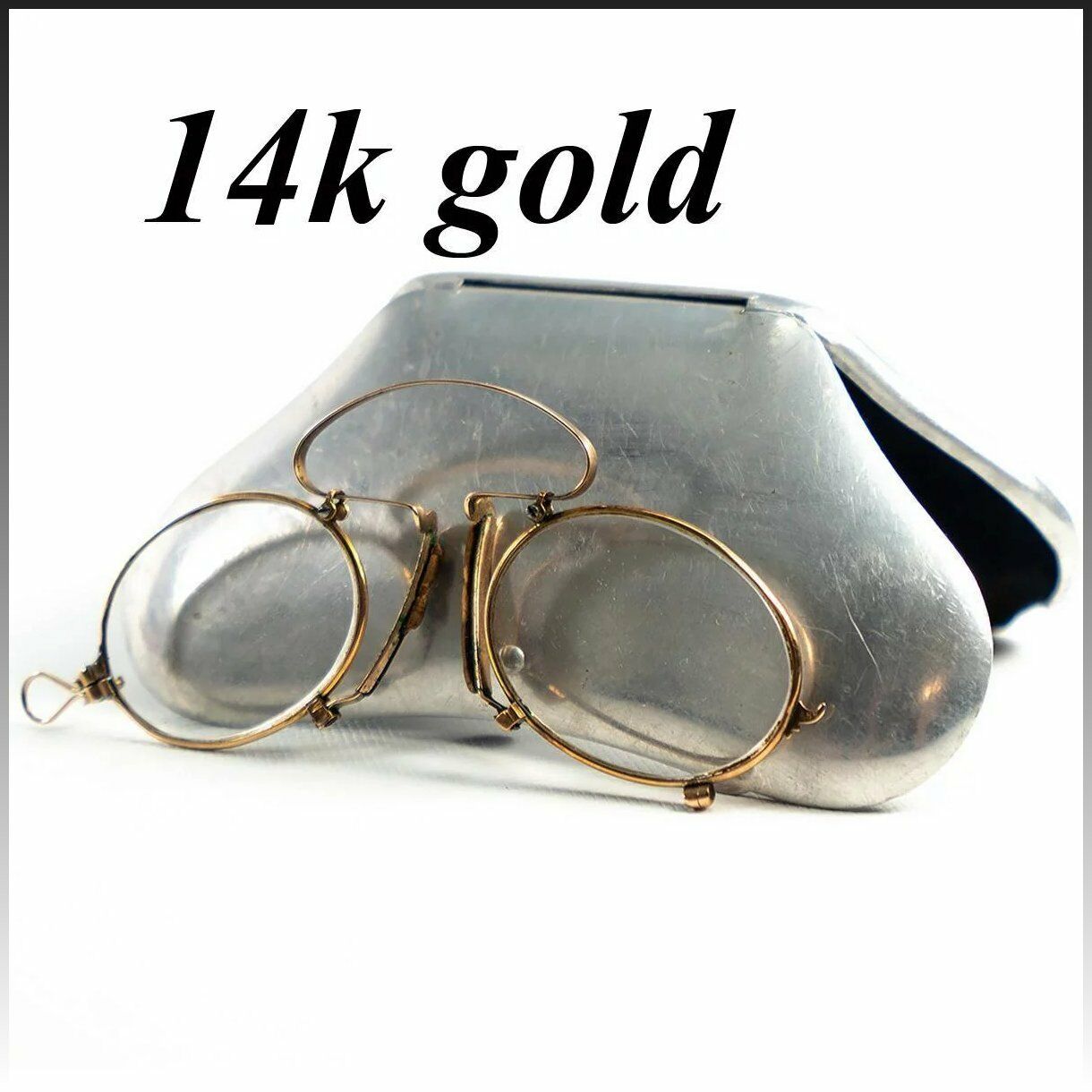 Antique 14K Gold Folding Spectacles, Pince Nez Reading Glasses and Aluminum Case