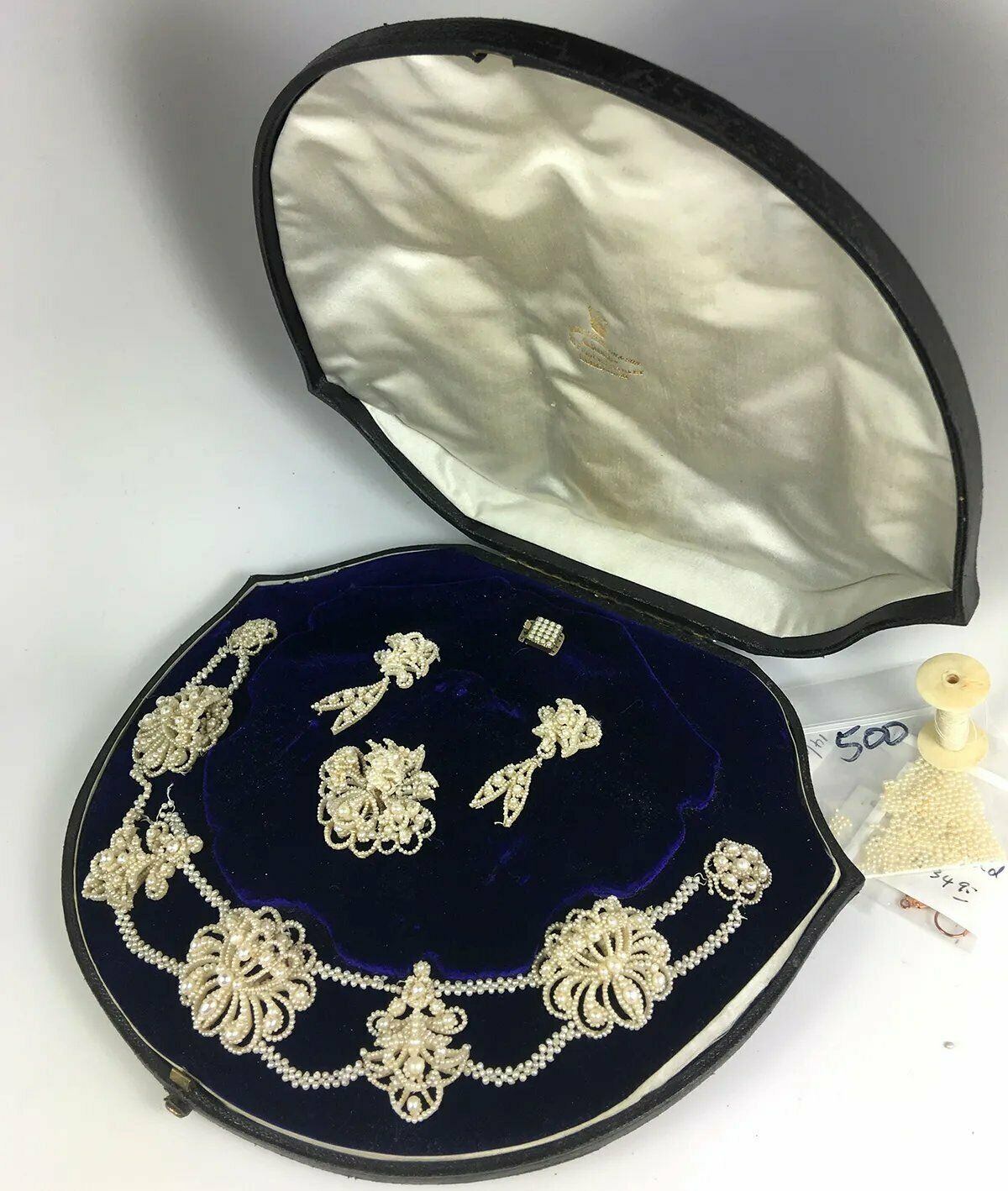 Antique Georgian to Early Victorian 18k Seed Pearl Parure, Box, Necklace, Brooch