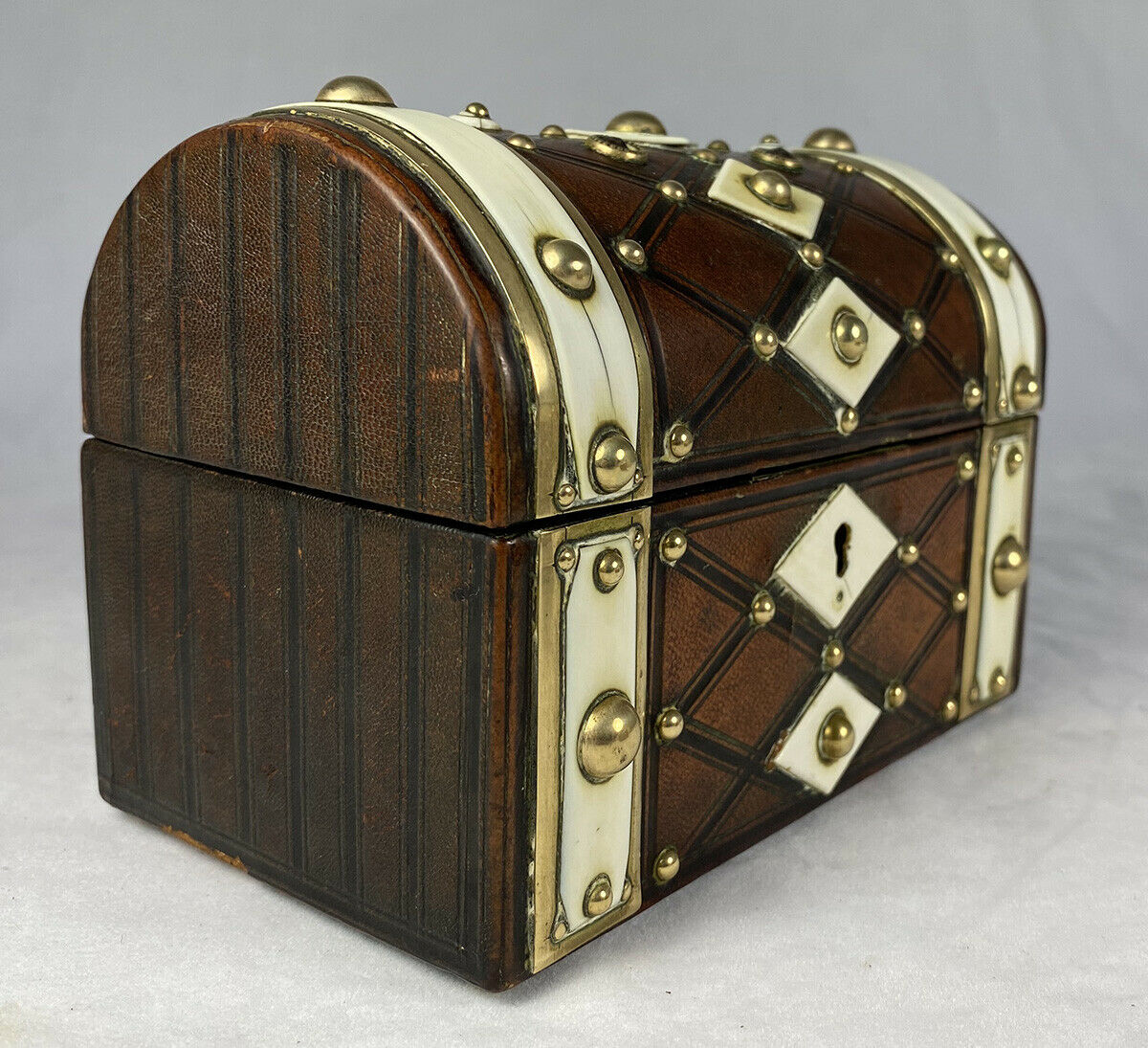 Antique French Stationery Box, Strapping and Brass Stud, Leather Trunk or Chest