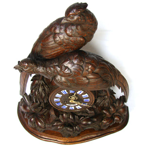 Antique Black Forest Carved 20" Mantel Clock, HUGE Hunt Style Game Birds