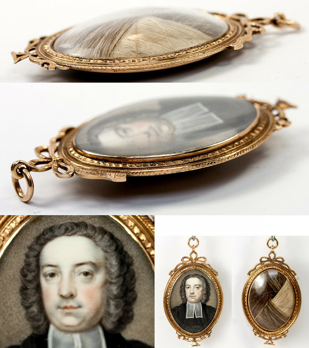 Superb c.1780-1800 Portrait Miniature Pendant, Locket, Hair Art 14k - 15k Gold