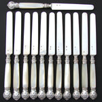 Antique French Sterling Silver & Mother of Pearl 12pc 8" Dessert Knife Set, Box