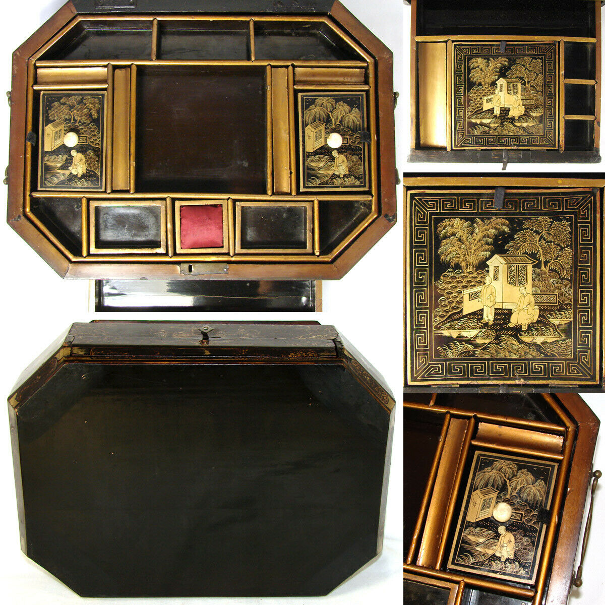 Antique Victorian Era Chinese Export Lacquer 14" Sewing Box, Chest with Fittings