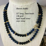 Vintage Hand Carved Lapis Lazuli and Jet Bead Necklace 32" Long, 14k Gold, Too