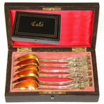Antique French 18k Vermeil 6pc Coffee or Teaspoon Set, "Cafe" Inlay Box,  "Dean"