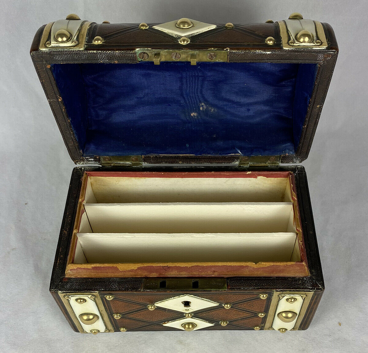 Antique French Stationery Box, Strapping and Brass Stud, Leather Trunk or Chest