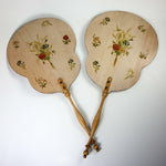 Antique French Pair Victorian Face Screens, Florals on Wood, Turned Wood Handles