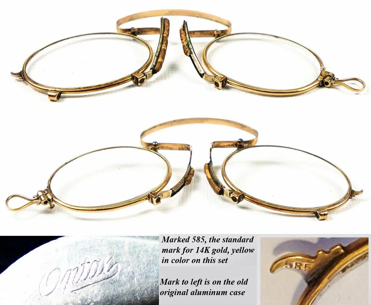 Antique oxford folding pince-nez eyeglasses 1/10 12k gold filled W Leather Case Antique 14K Gold Folding Spectacles, Pince Nez Reading  main image 3