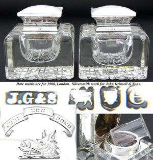 HUGE Antique Brilliant Cut Crystal & Sterling Silver Inkwell PAIR, Boar Heraldry