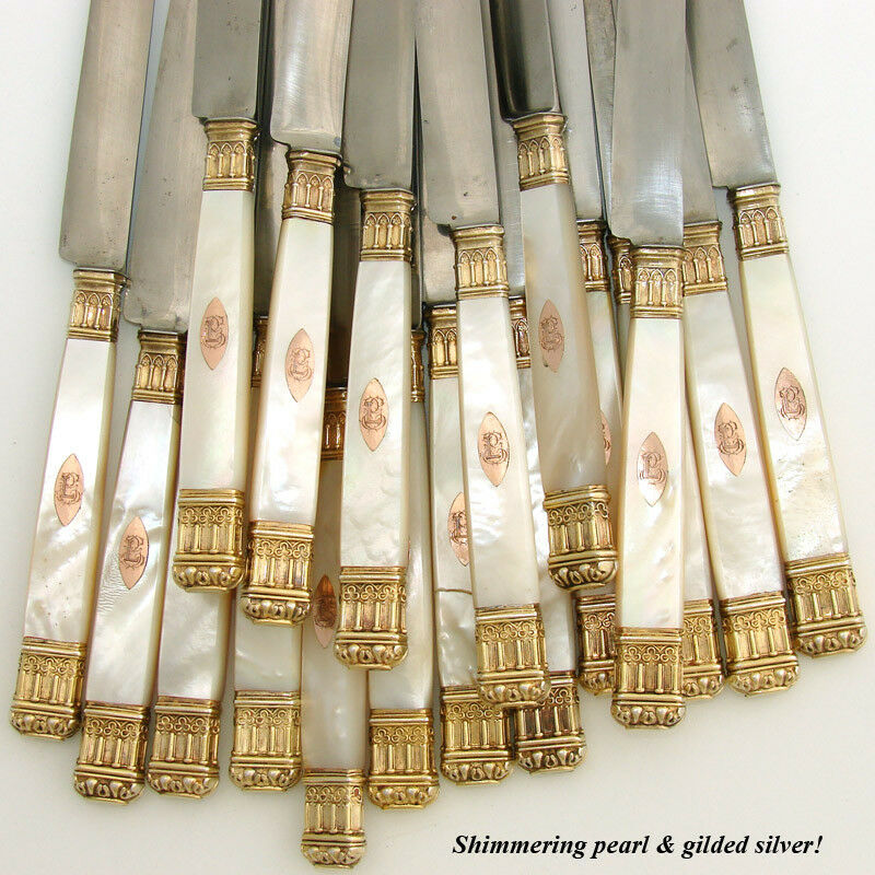 18pc Antique French Sterling Silver 18K - 22K Gold Vermeil & Pearl Knife Set