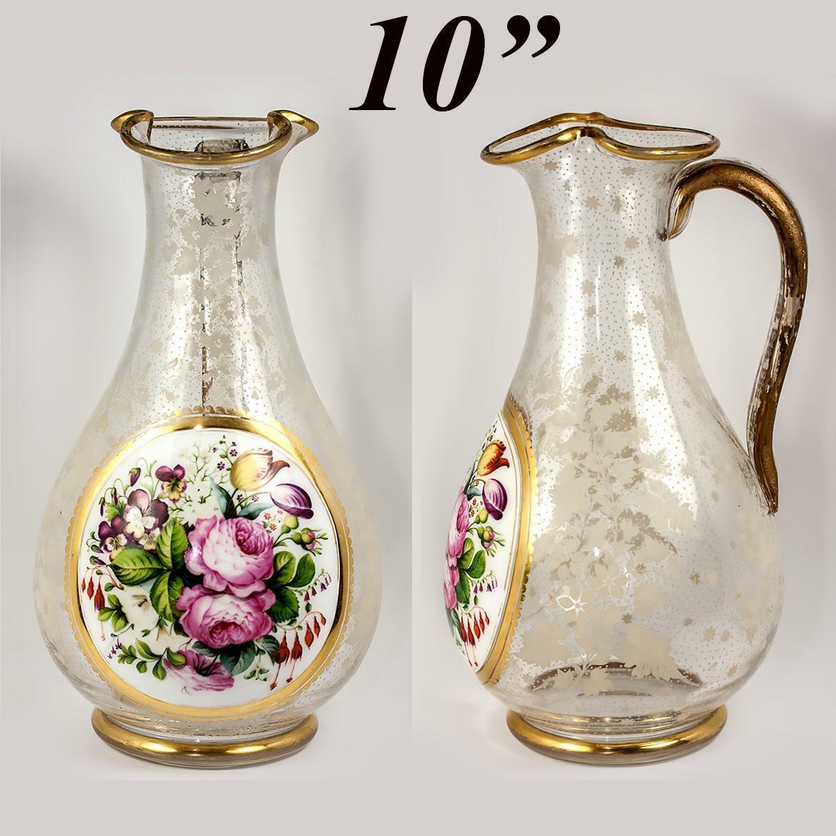 RARE Antique c. 1840-50 Bohemian Moser HP Full-Size Pitcher, Decanter, Floral