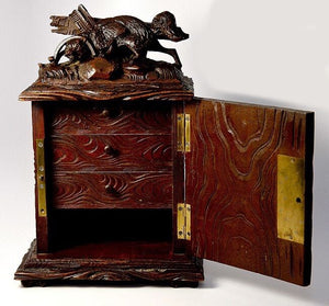 Antique Black Forest Carved 10" Chest, Cabinet, Box: Animalier Style FOX in Trap