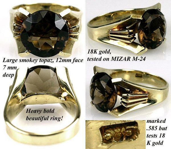 Beautiful Vintage Large Smoky Topaz, 18K Yellow Gold Ring, USA