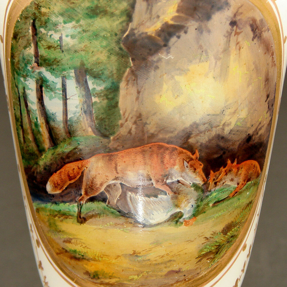 Antique Napoleon III Era White Opaline Goblet or Chalice, Hand Painted Fox Hunt