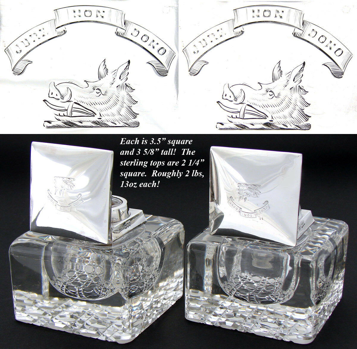 HUGE Antique Brilliant Cut Crystal & Sterling Silver Inkwell PAIR, Boar Heraldry