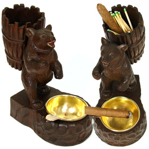 Antique Black Forest Carved Smoker's Stand, Hiking Bear with Pack, Brass Ashtray