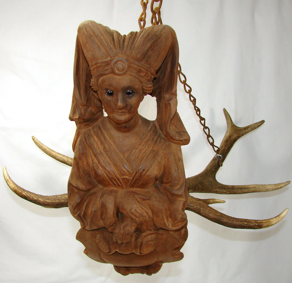 Rare Antique Black Forest Carved Wood & Antlers Ceiling Fixture, Chandelier?