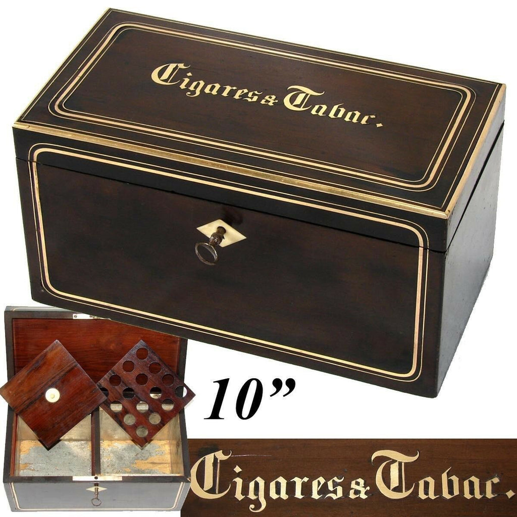 Antique French Napoleon III Era 10" Tobacco & Cigars Box, Casket: Walnut & Brass