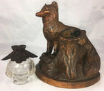 Antique HC Black Forest 7" Tall Fox, Glass Eyes, Carved Tree Stump Holds Inkwell