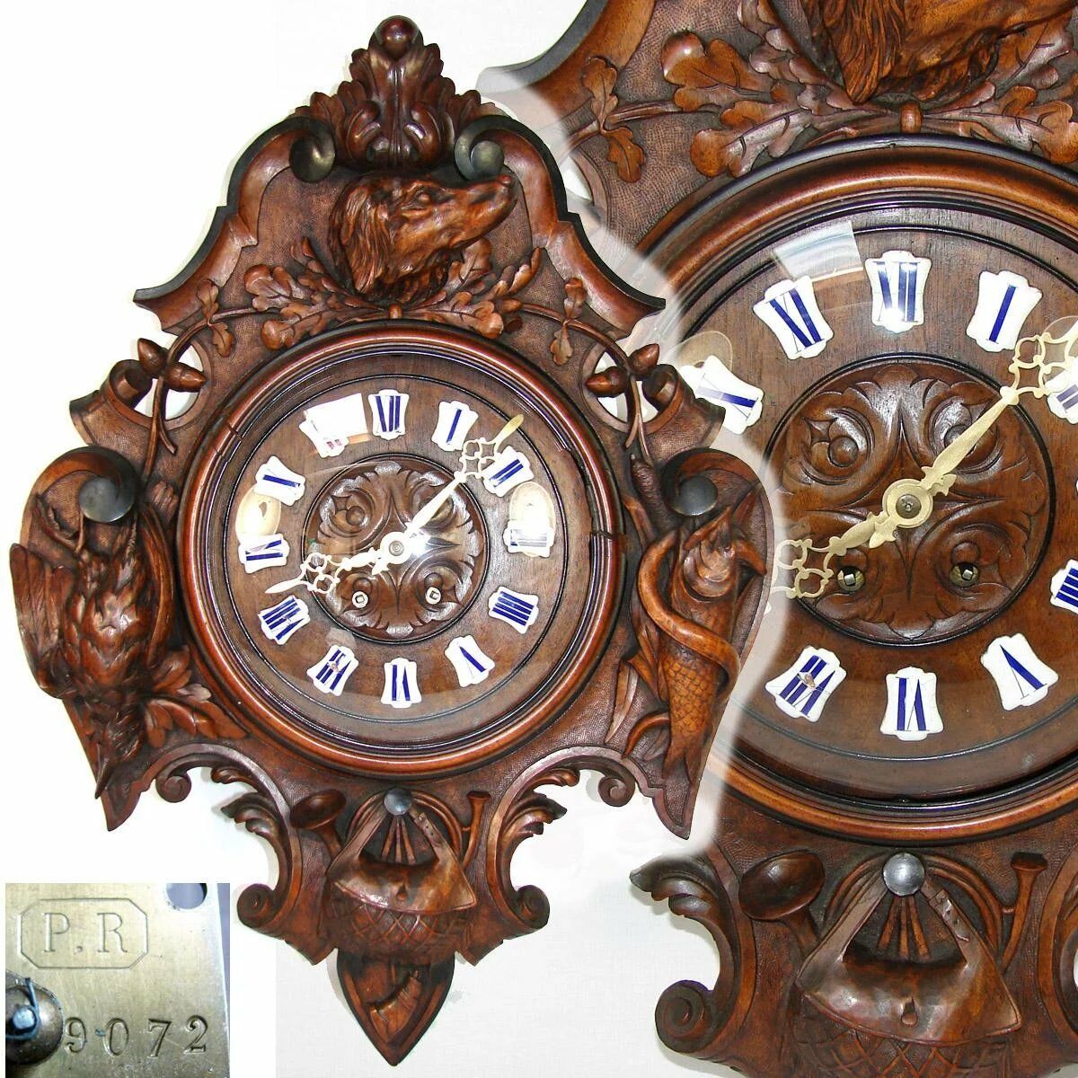 Antique Victorian Era Black Forest Carved 25" Wall or Parlor Clock, Hunt Theme